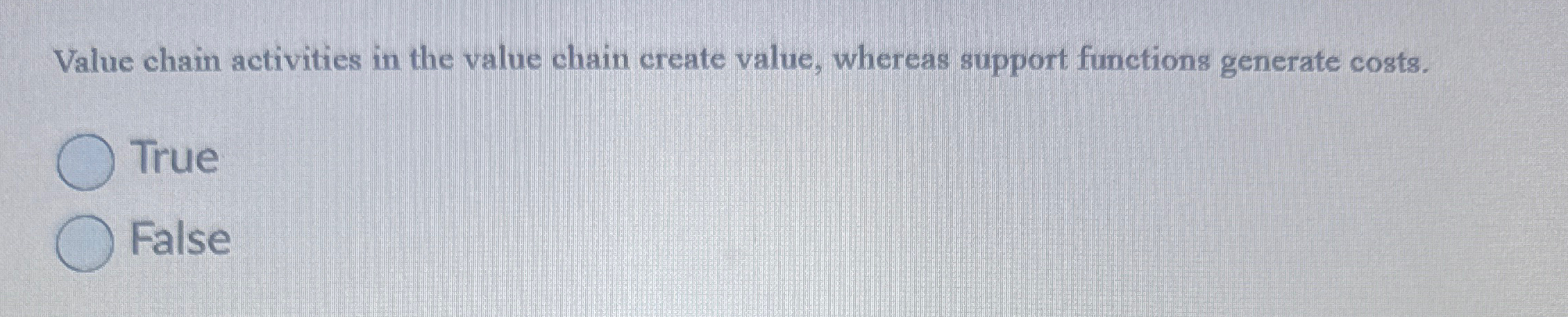  Value chain activities in the value chain create value, whereas support