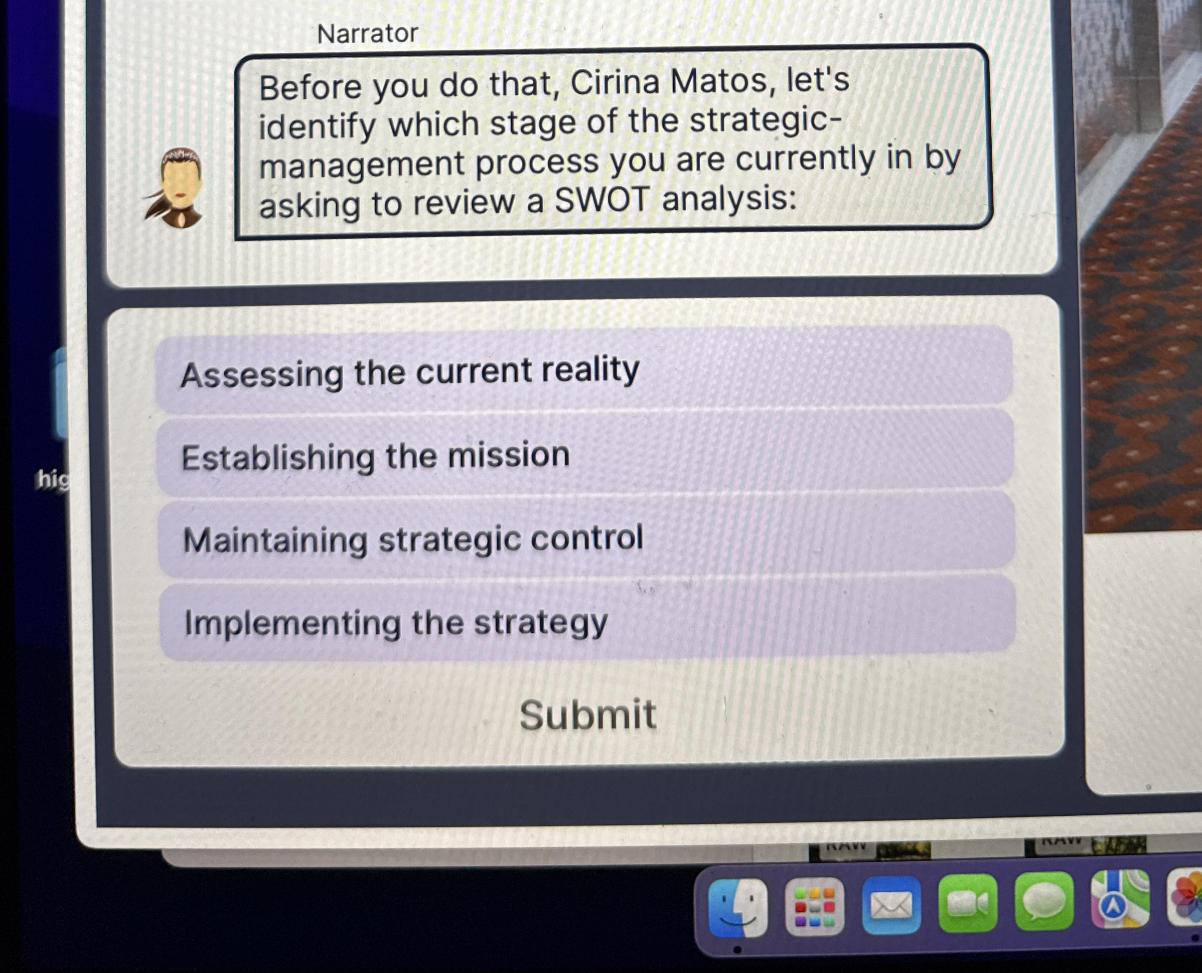  Narrator Before you do that, Cirina Matos, let's identify which stage