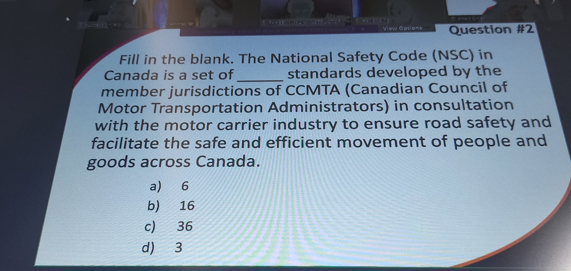  Fill in the blank. The National Safety Code (NSC) in Canada