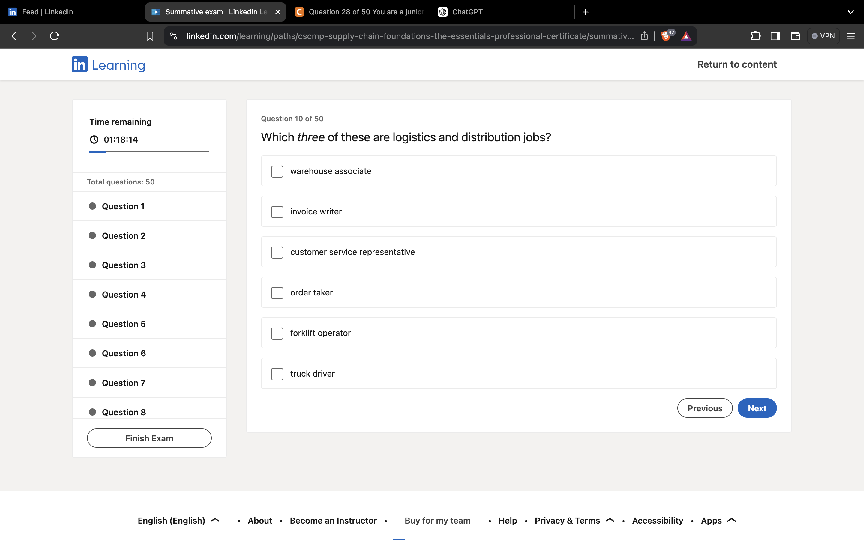  Time remaining (1)01:18:14 Total questions: 50 Question 1 Question 2 Question