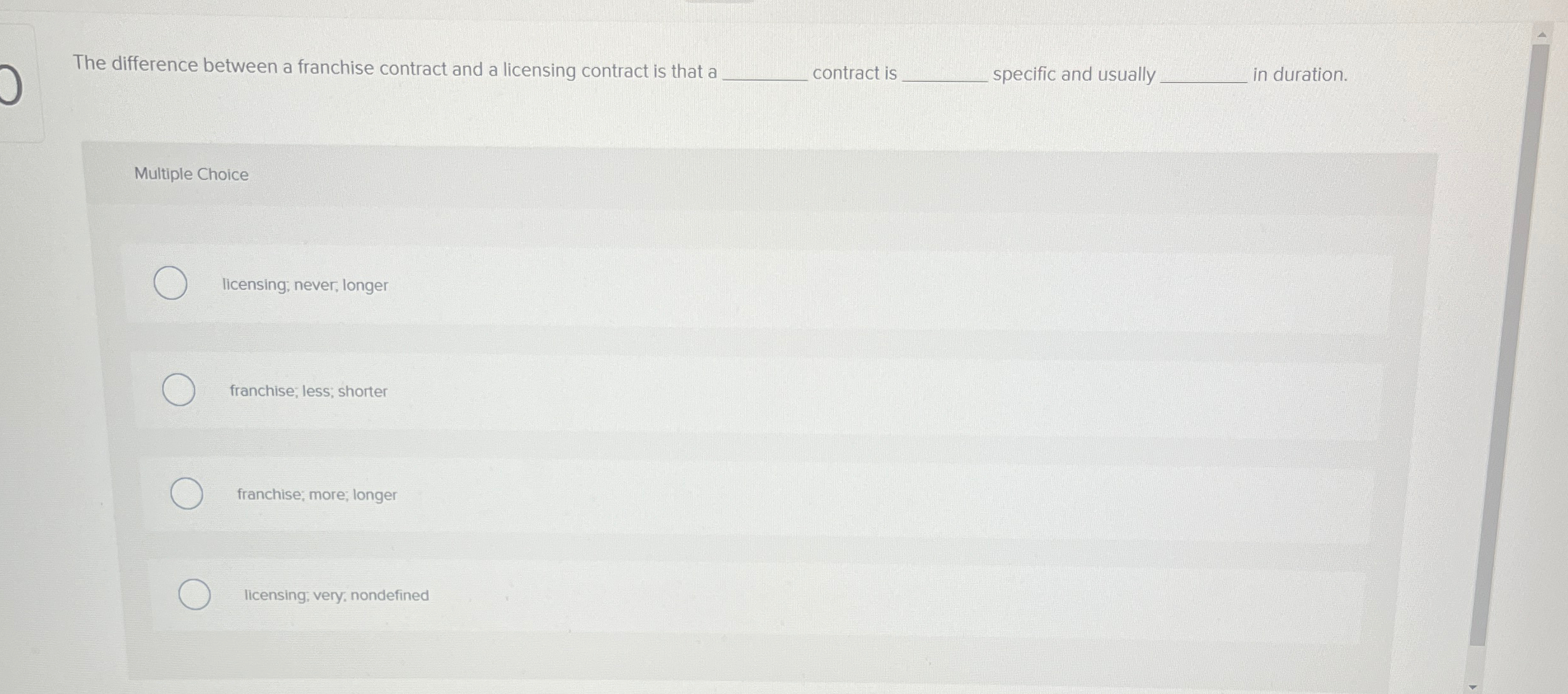  The difference between a franchise contract and a licensing contract is