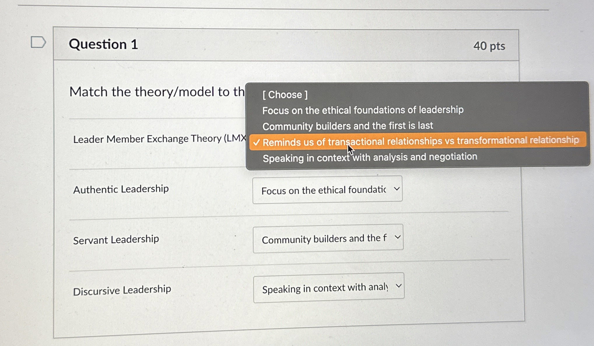  Question 1 40 pts Match the theory/model to th q, Leader