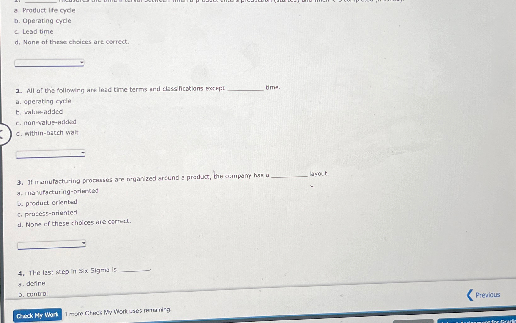  a. Product life cycle b. Operating cycle c. Lead time d.