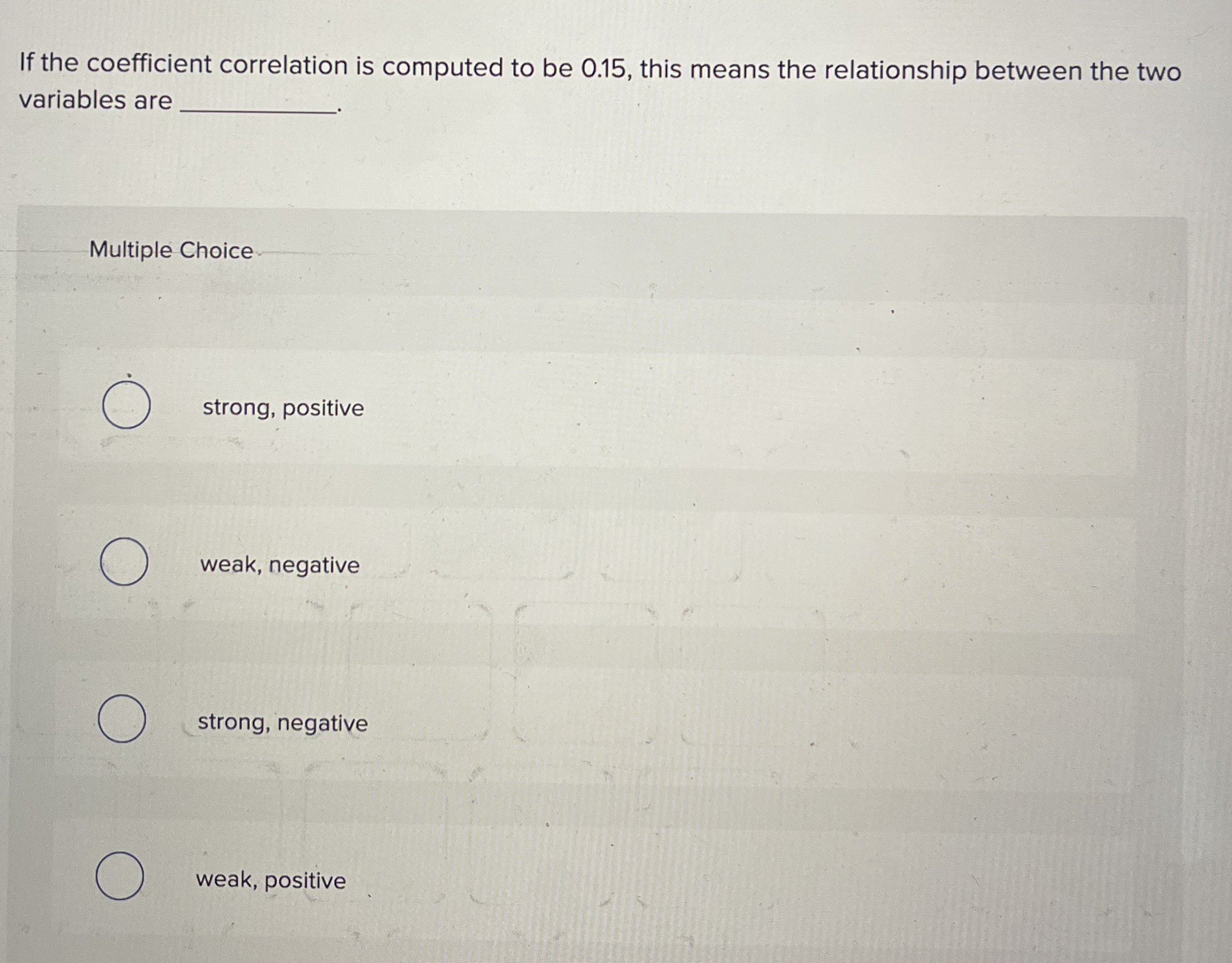  If the coefficient correlation is computed to be 0.15, this means