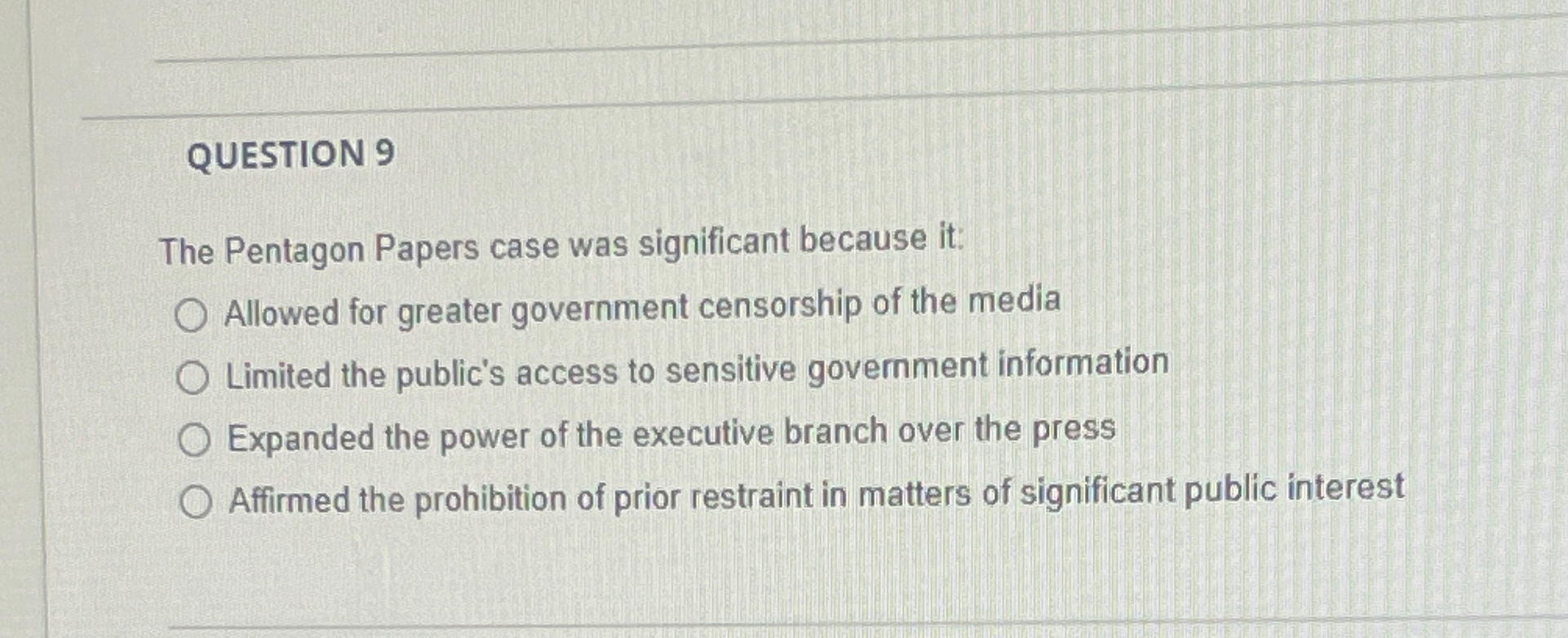  QUESTION 9 The Pentagon Papers case was significant because it: Allowed