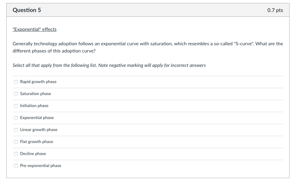  Question 5 "Exponential" effects Generally technology adoption follows an exponential curve
