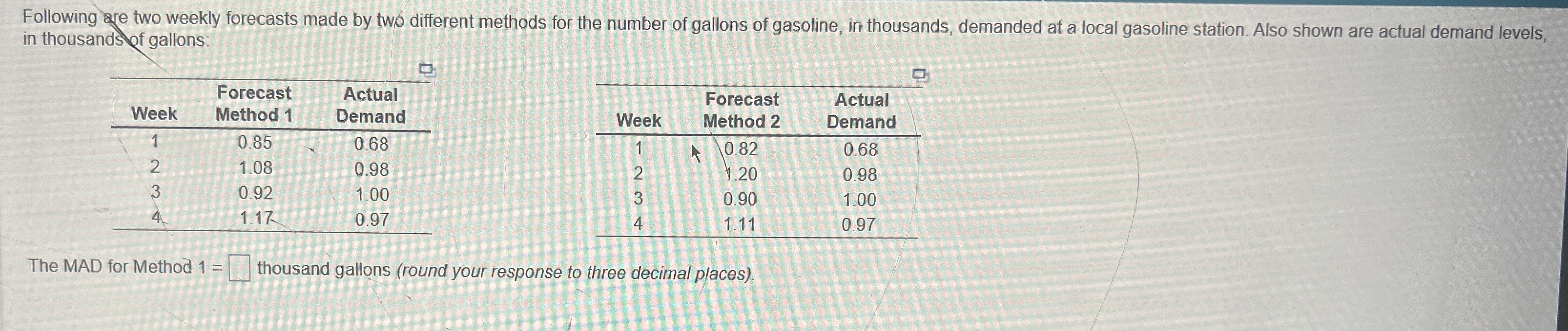  Following are two weekly forecasts made by two different methods for