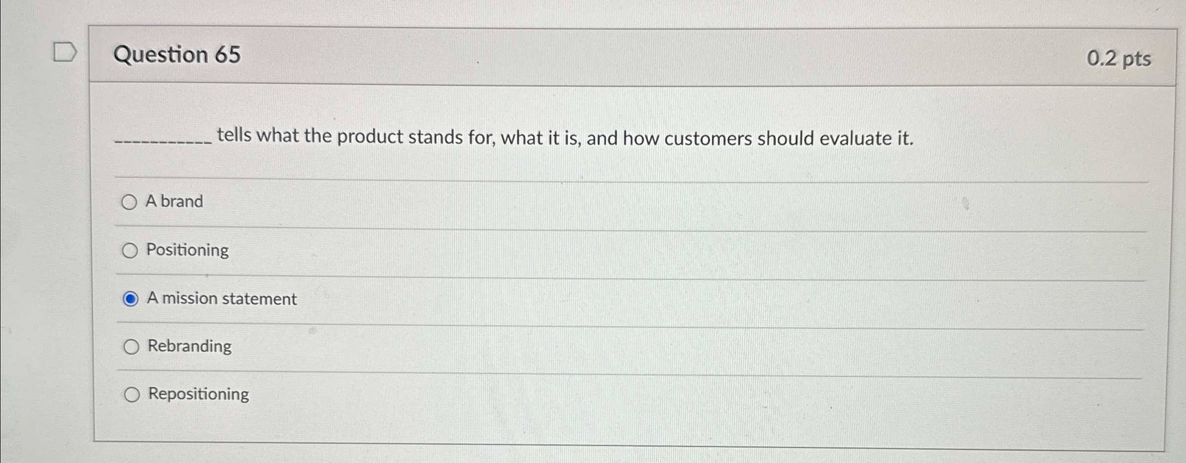 Question 65 0.2pts q, tells what the product stands for, what