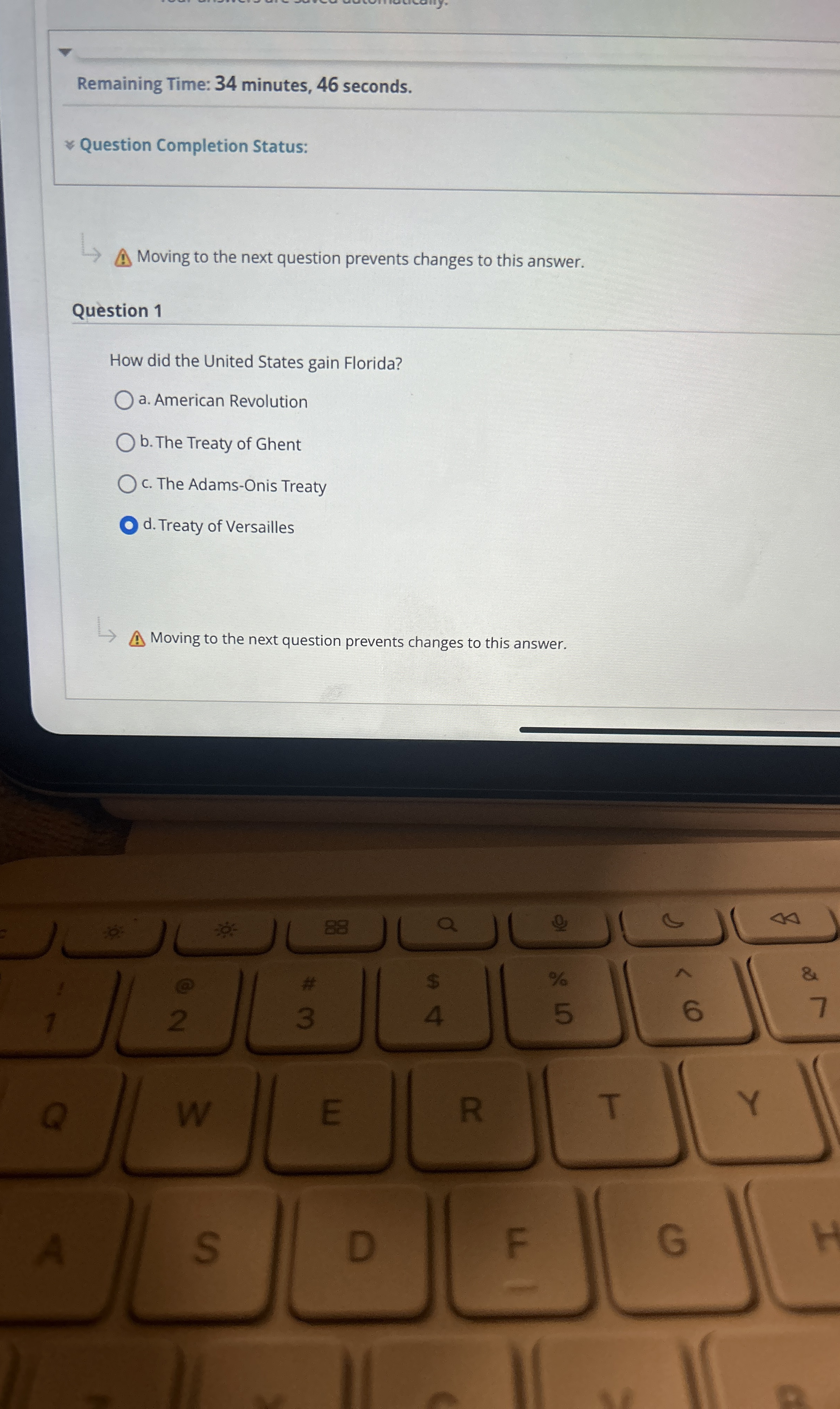  Remaining Time: 34 minutes, 46 seconds. Question Completion Status: Moving to