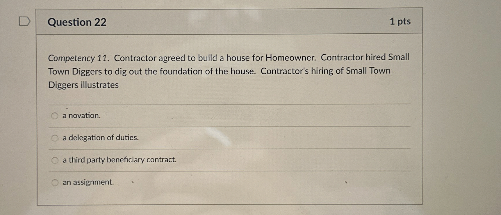  Question 22 1 pts Competency 11. Contractor agreed to build a