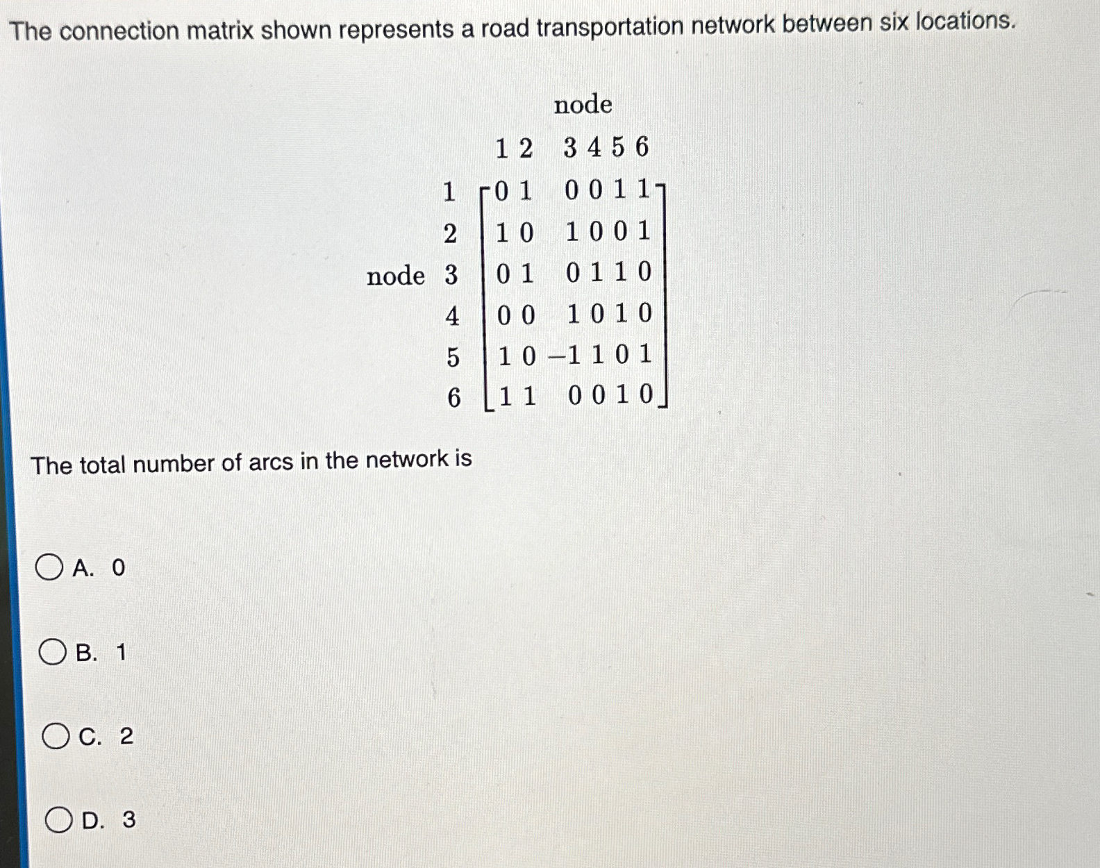  The connection matrix shown represents a road transportation network between six