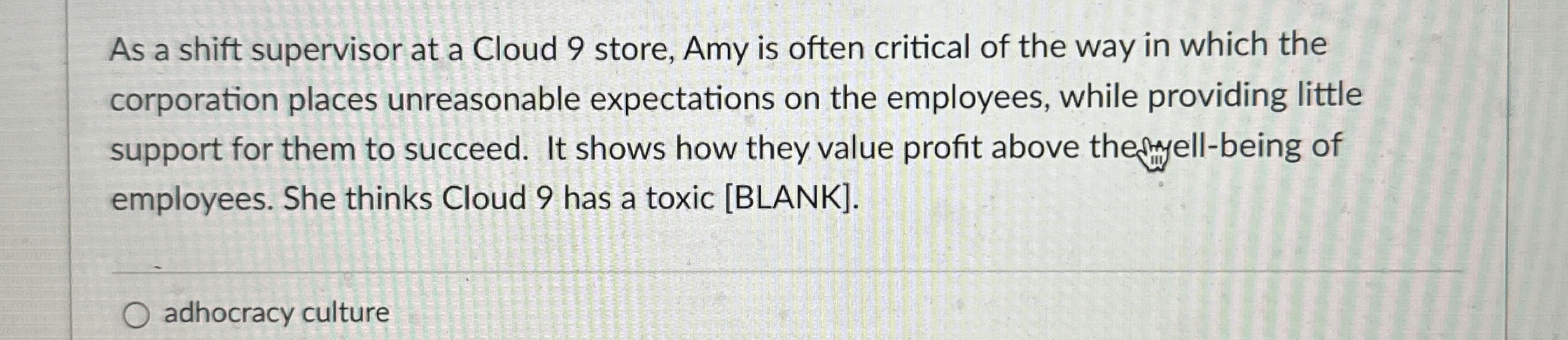  As a shift supervisor at a Cloud 9 store, Amy is