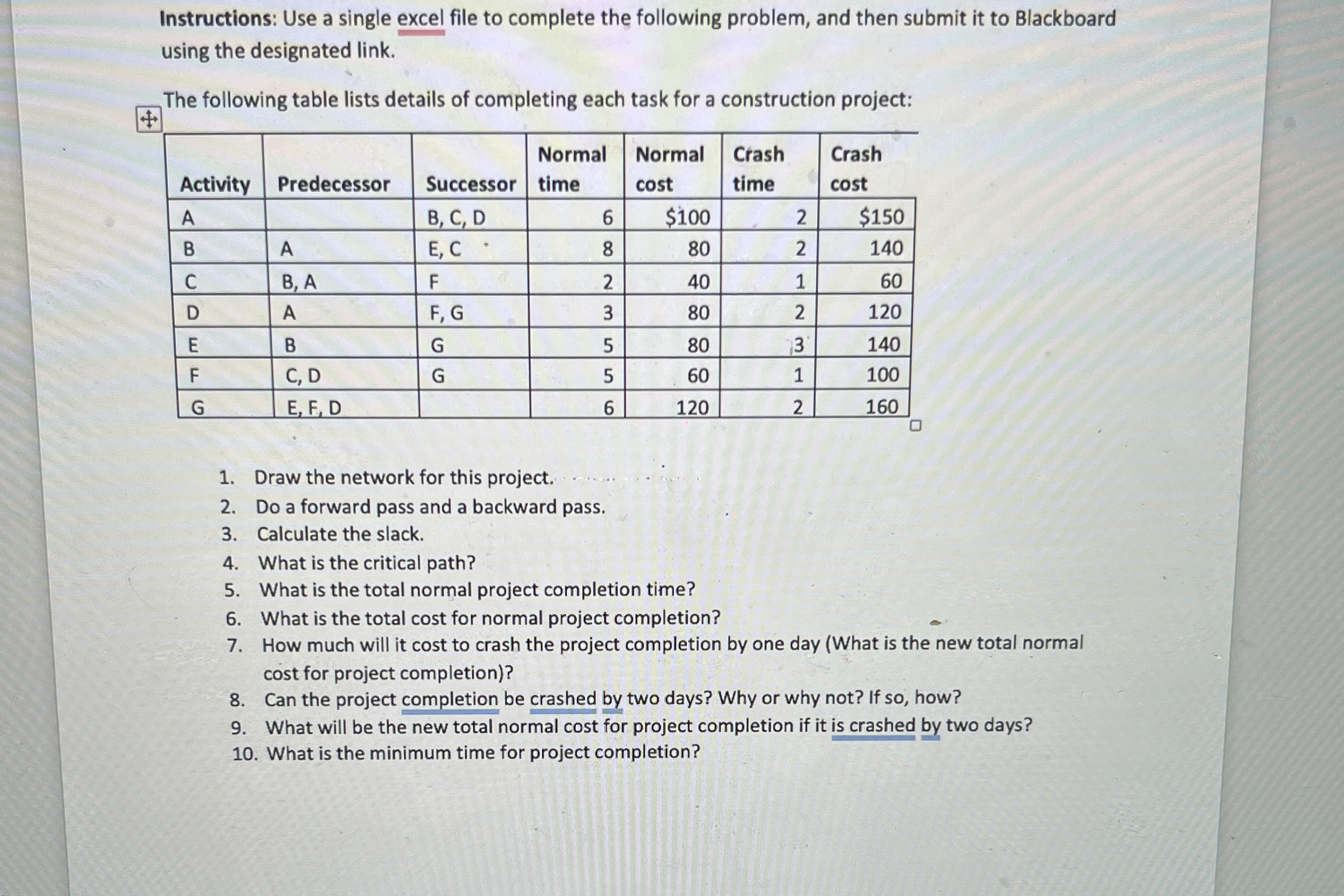  Instructions: Use a single excel file to complete the following problem,