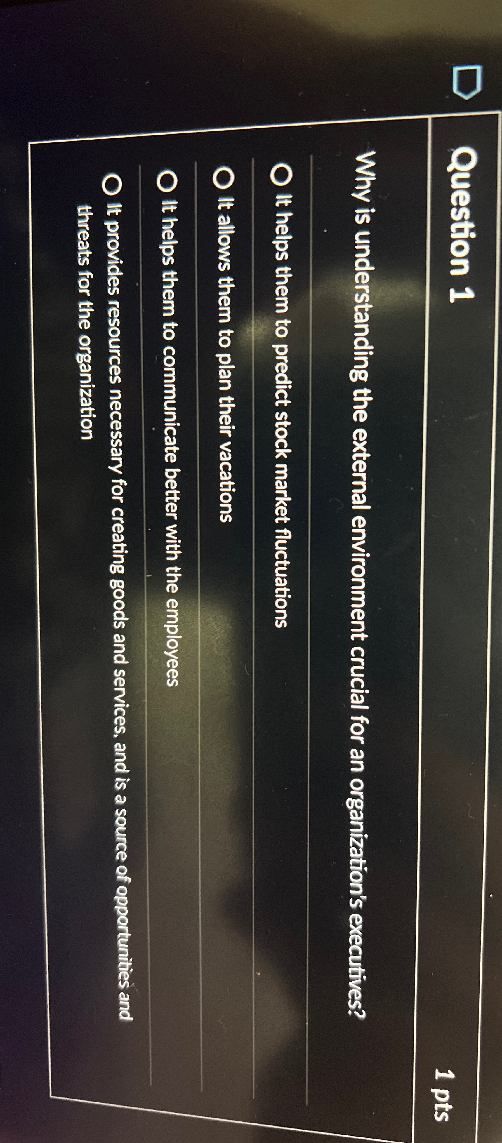  Question 1 1 pts Why is understanding the external environment crucial