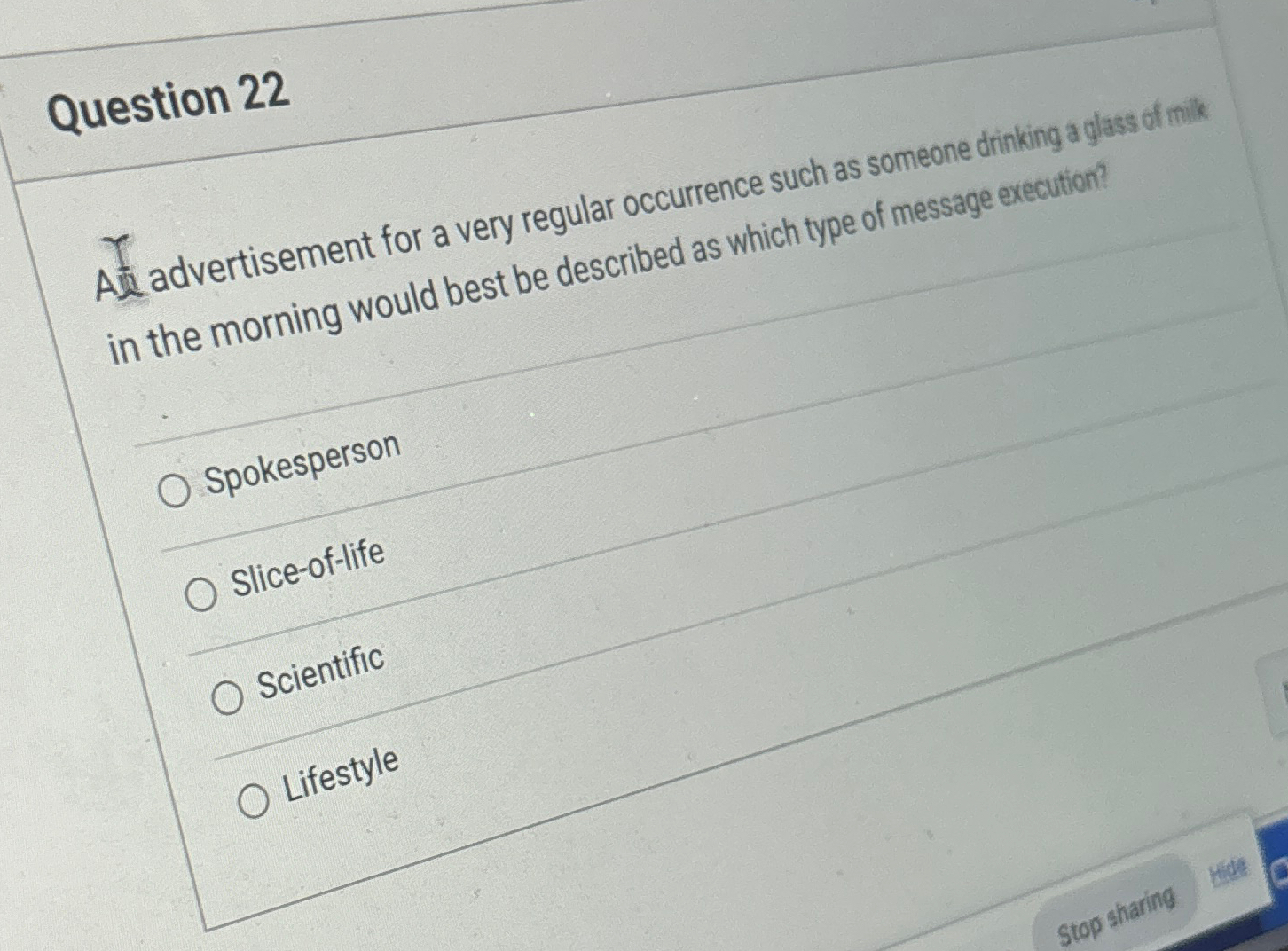  Question 22 At advertisement for a very regular occurrence such as