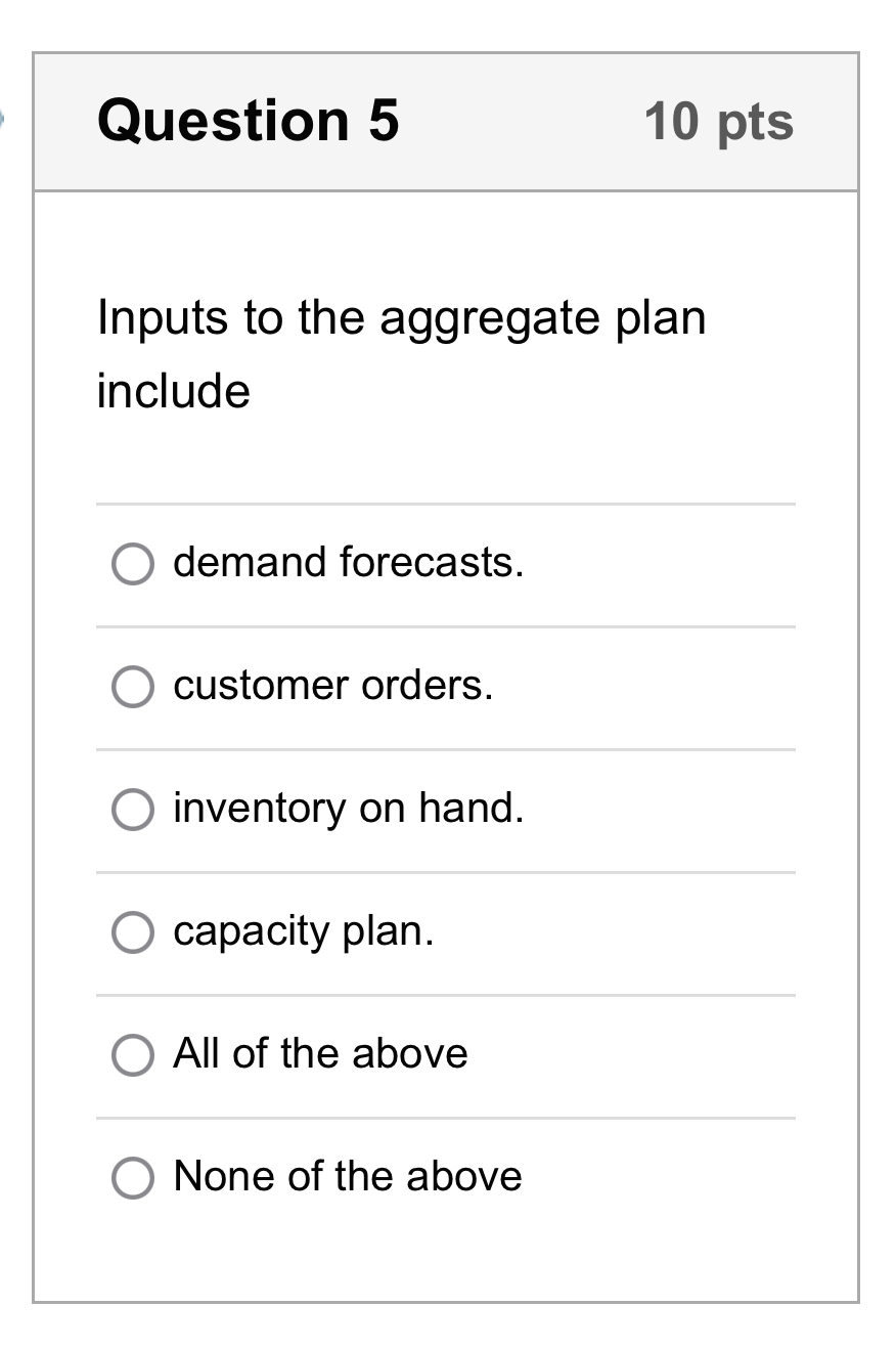  Question 5 10 pts Inputs to the aggregate plan include demand