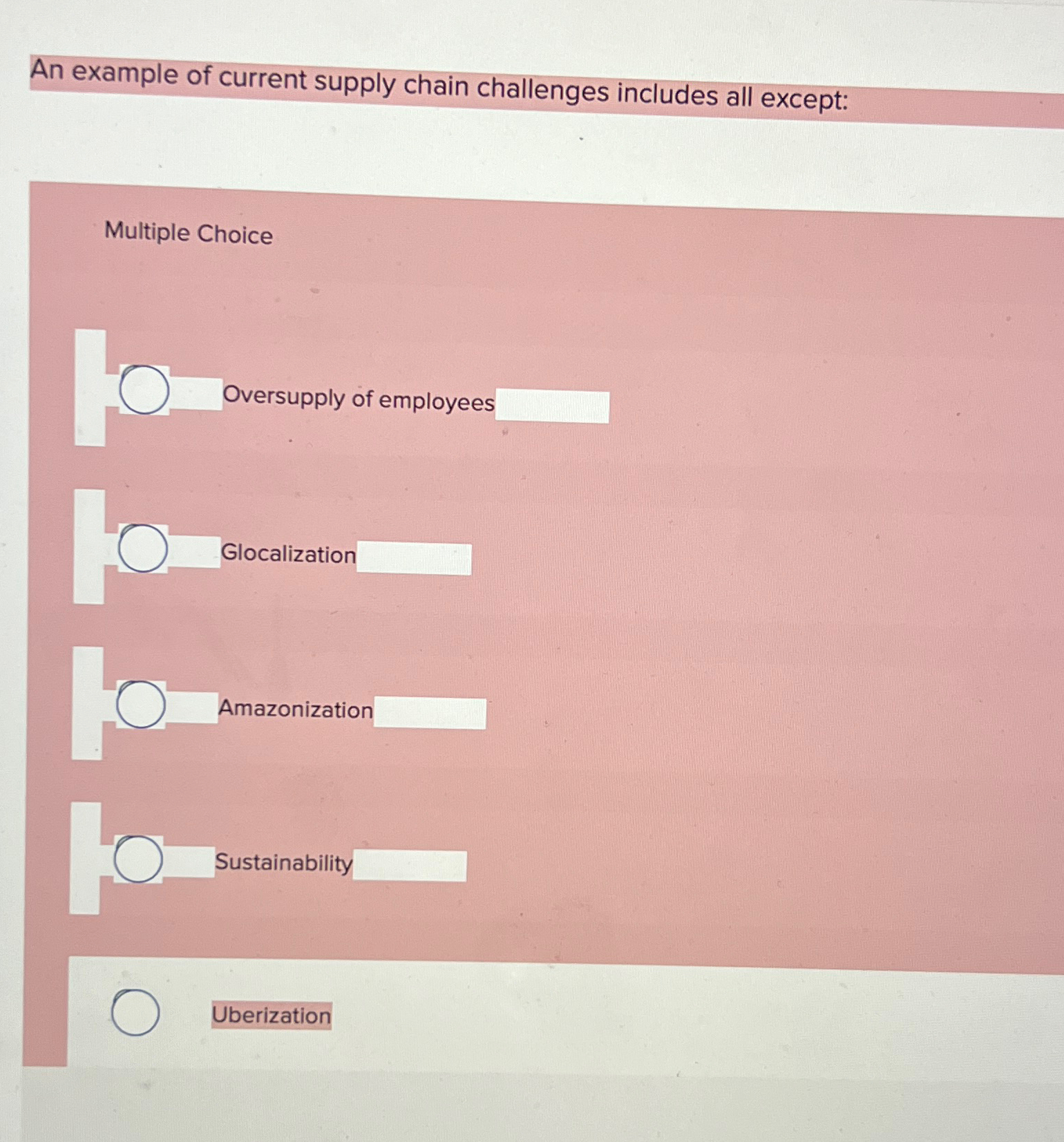  An example of current supply chain challenges includes all except: Multiple