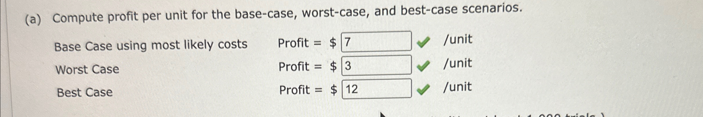  (a) Compute profit per unit for the base-case, worst-case, and best-case