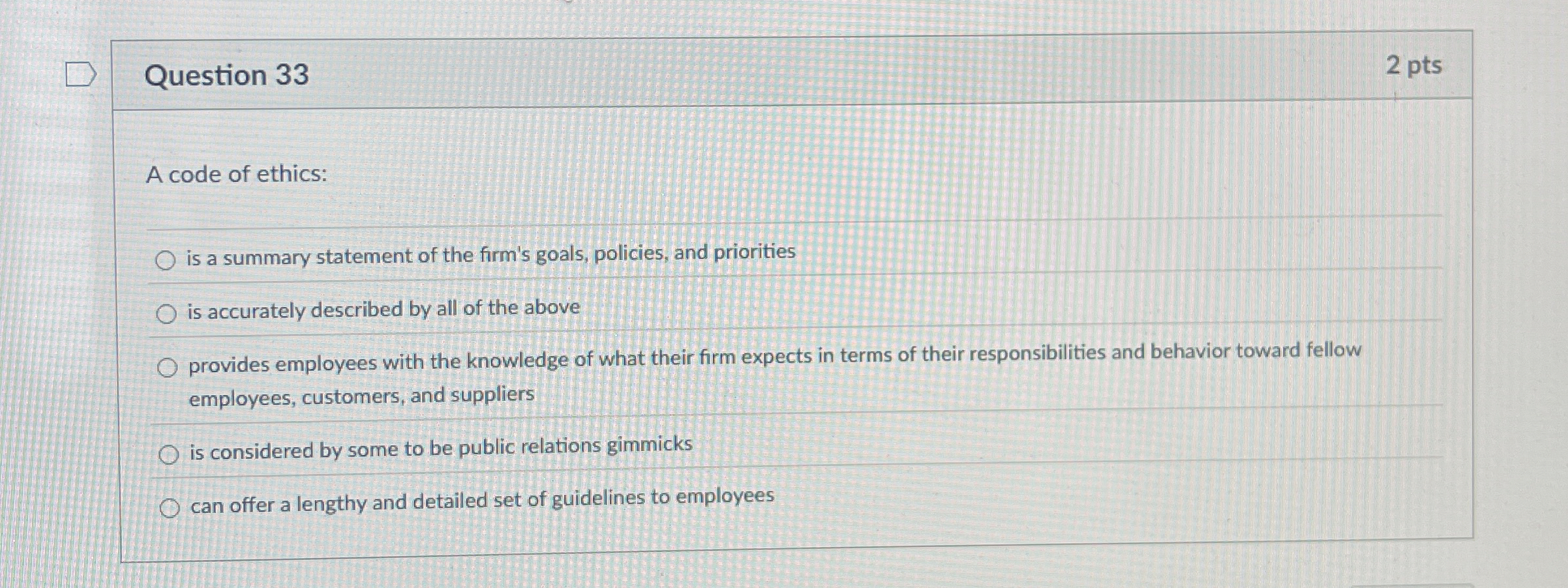  Question 33 A code of ethics: is a summary statement of