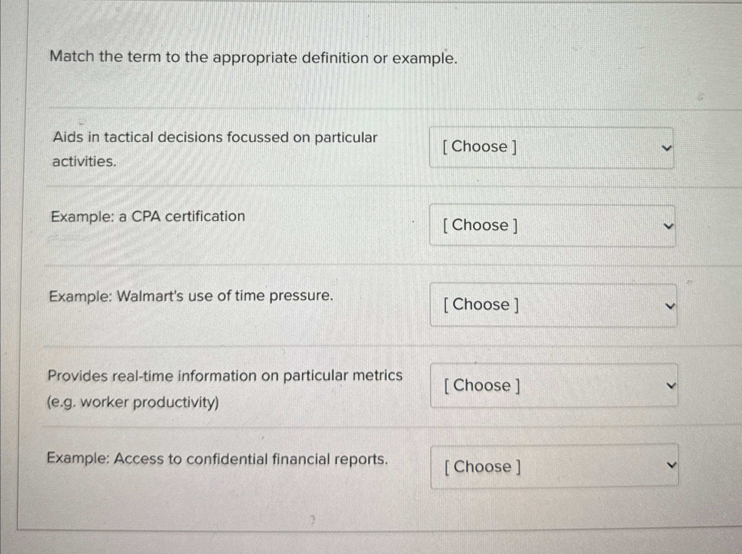 Match the term to the appropriate definition or example. Aids in