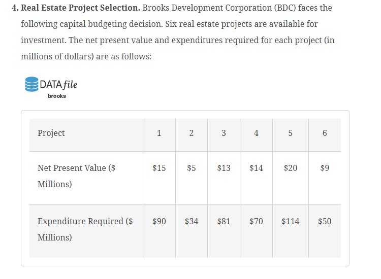  Real Estate Project Selection. Brooks Development Corporation (BDC) faces the following