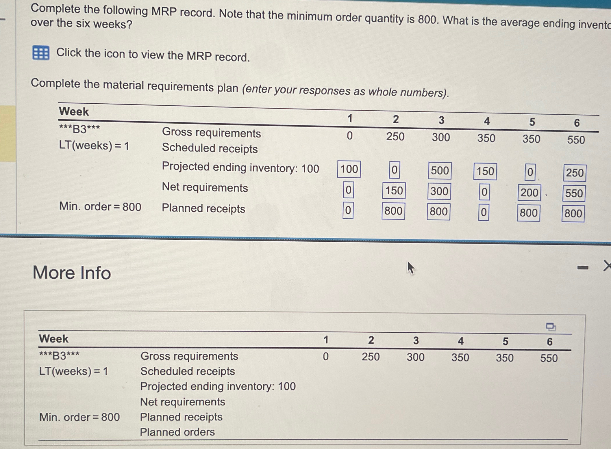  Complete the following MRP record. Note that the minimum order quantity