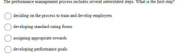  The performance management process includes several interrelated steps. What is the