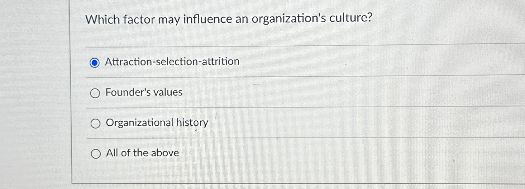  Which factor may influence an organization's culture? Attraction-selection-attrition Founder's values Organizational