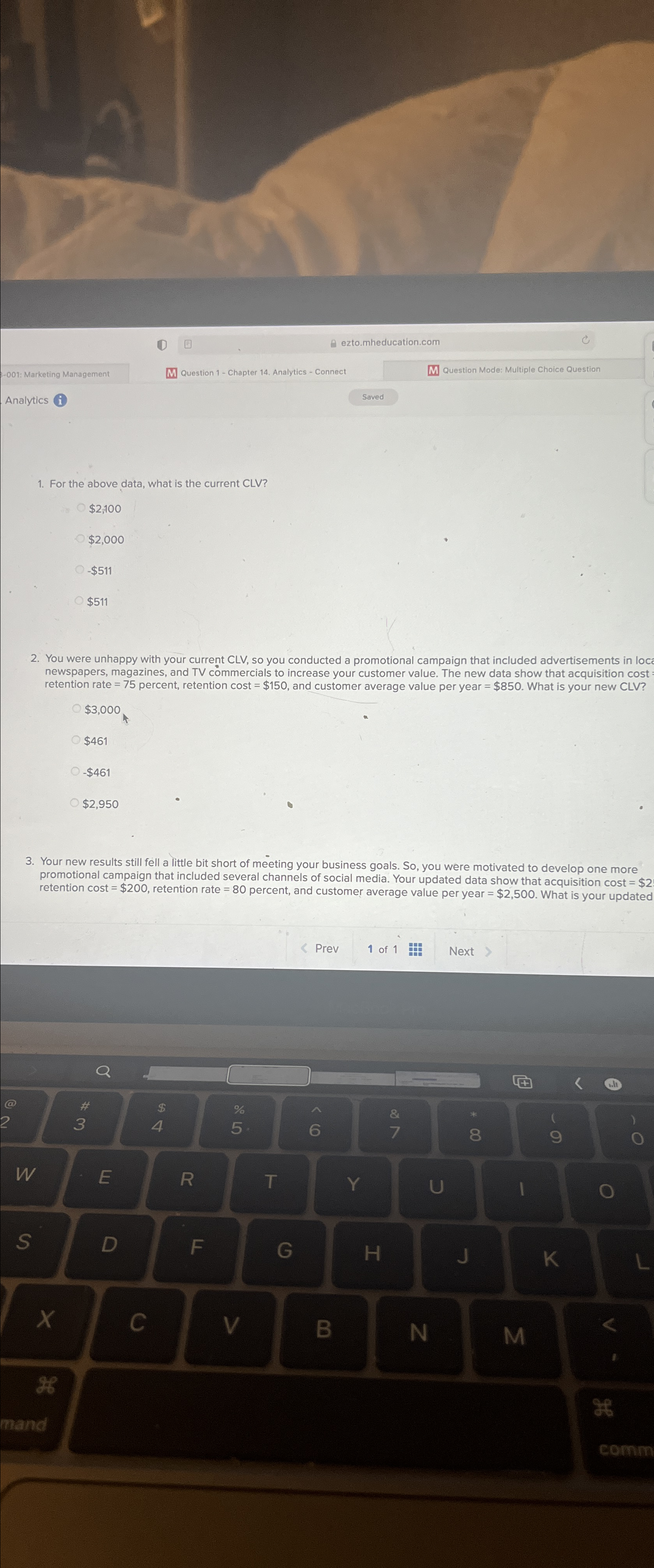  -001: Marketing Management Question 1- Chapter 14. Analytics - Connect Question