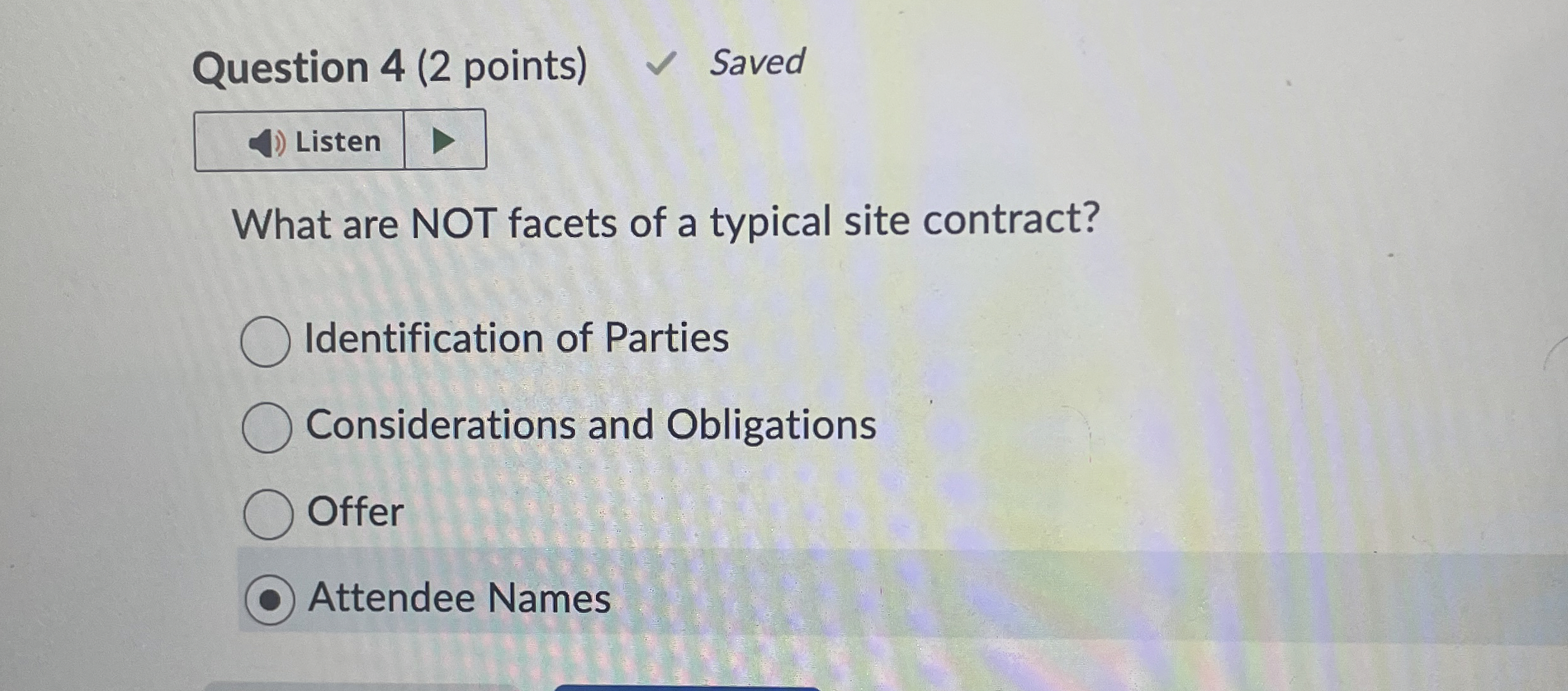  Question 4(2 points) What are NOT facets of a typical site