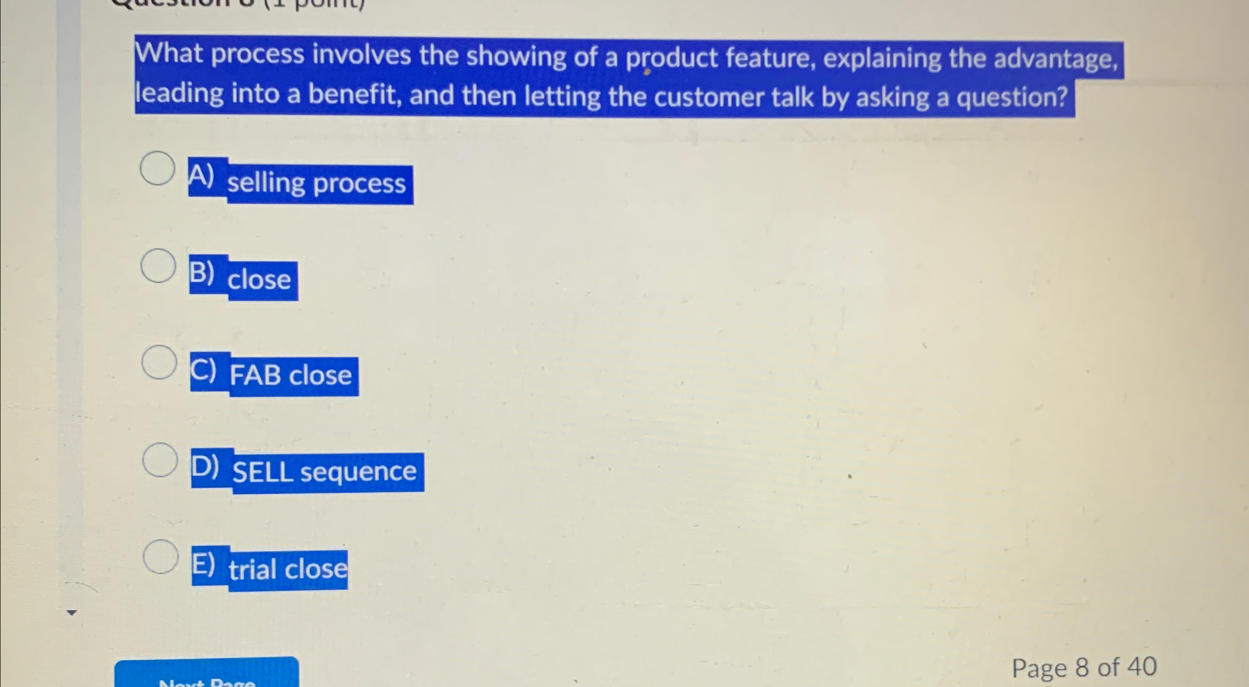  What process involves the showing of a product feature, explaining the