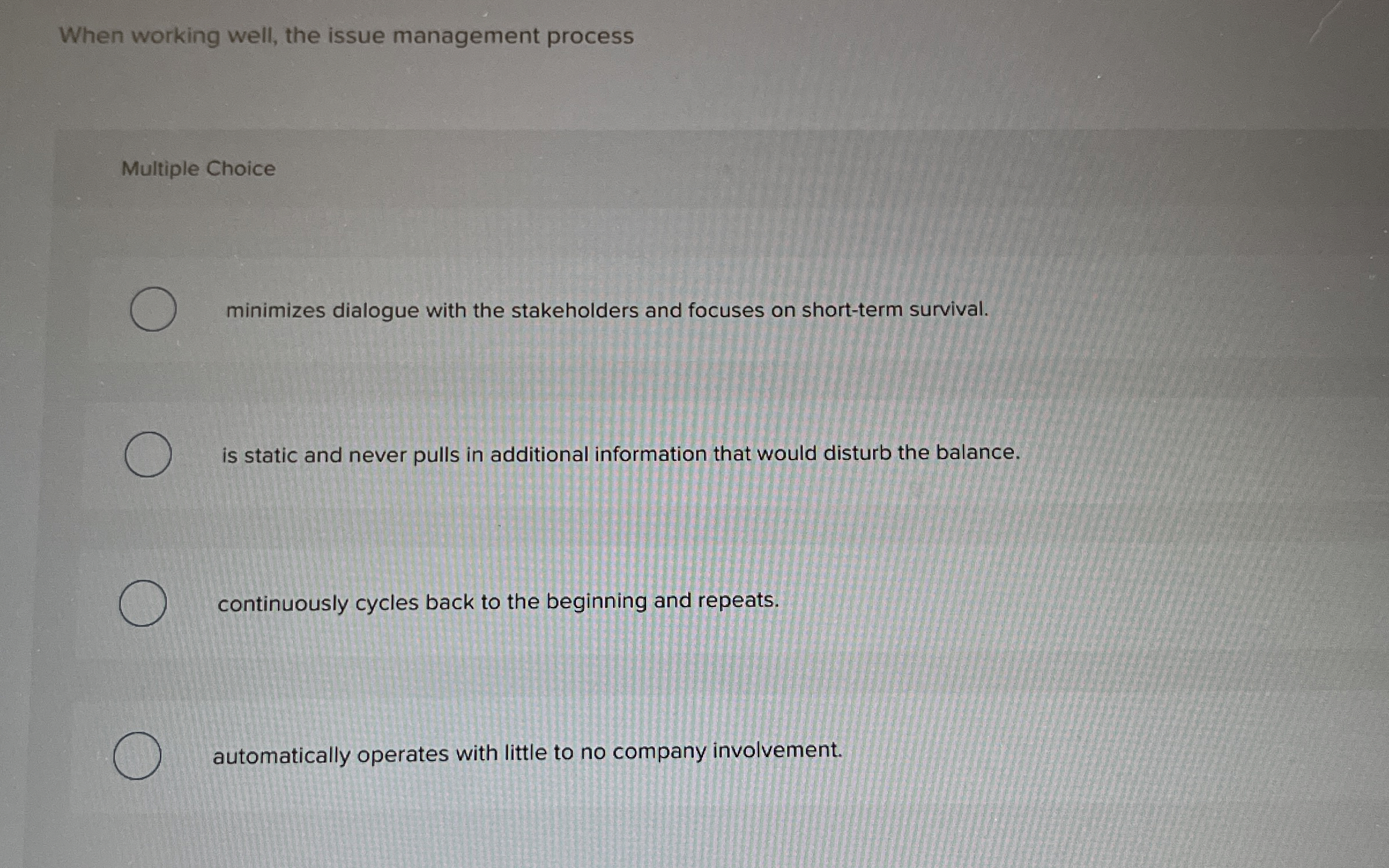  When working well, the issue management process Multiple Choice minimizes dialogue