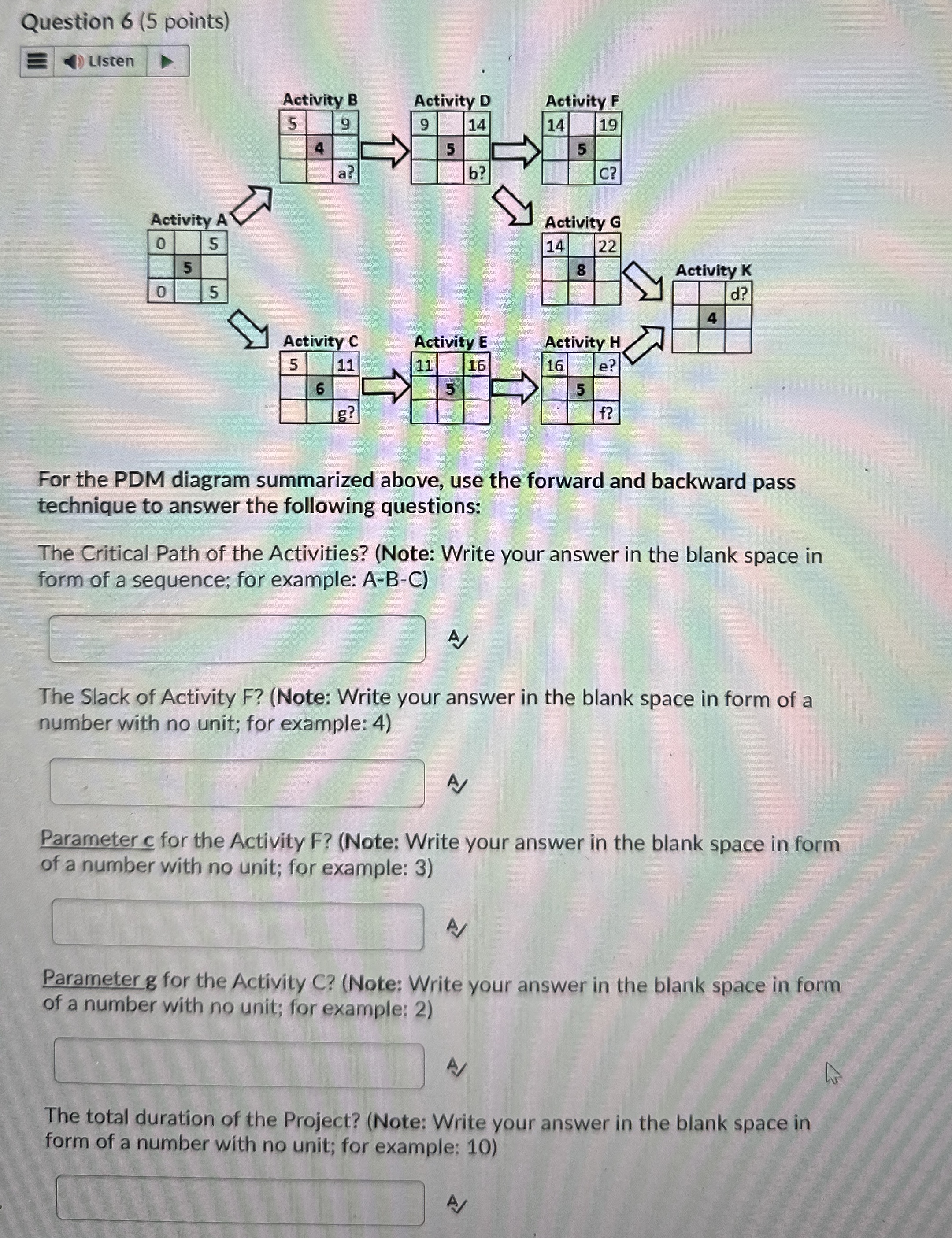  Question 6(5 points) For the PDM diagram summarized above, use the