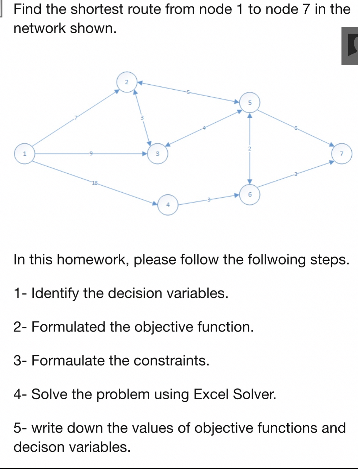  Find the shortest route from node 1 to node 7 in