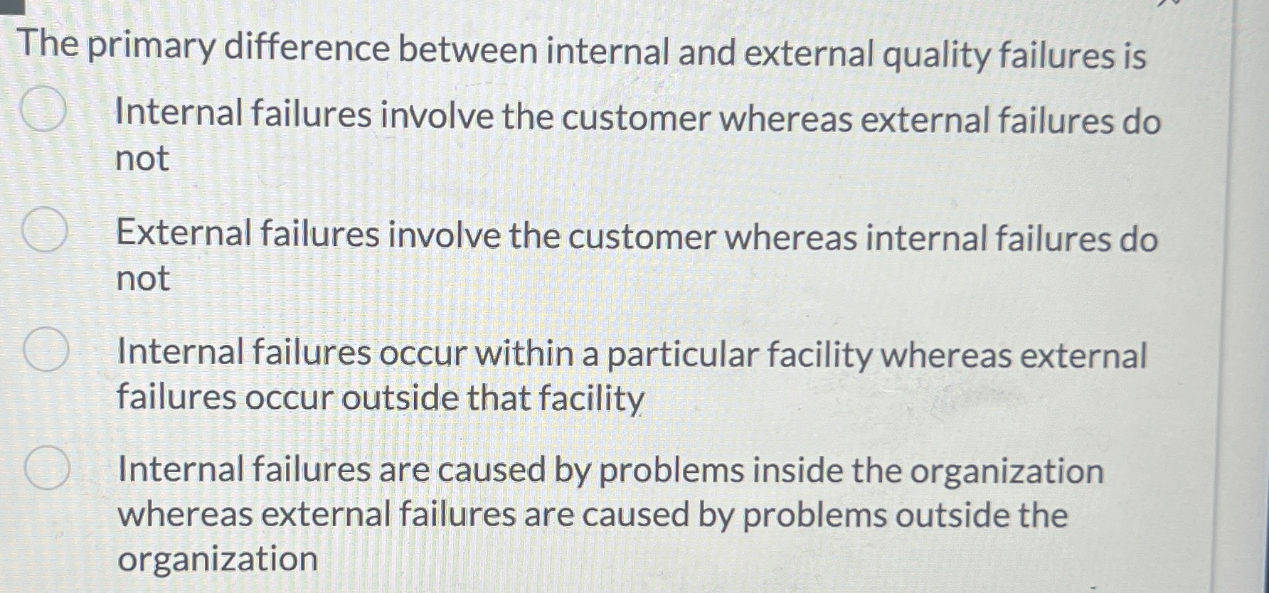  The primary difference between internal and external quality failures is Internal