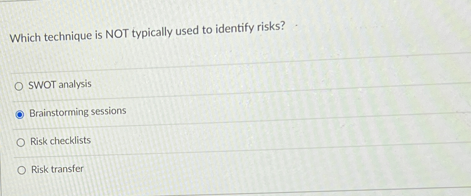  Which technique is NOT typically used to identify risks? SWOT analysis
