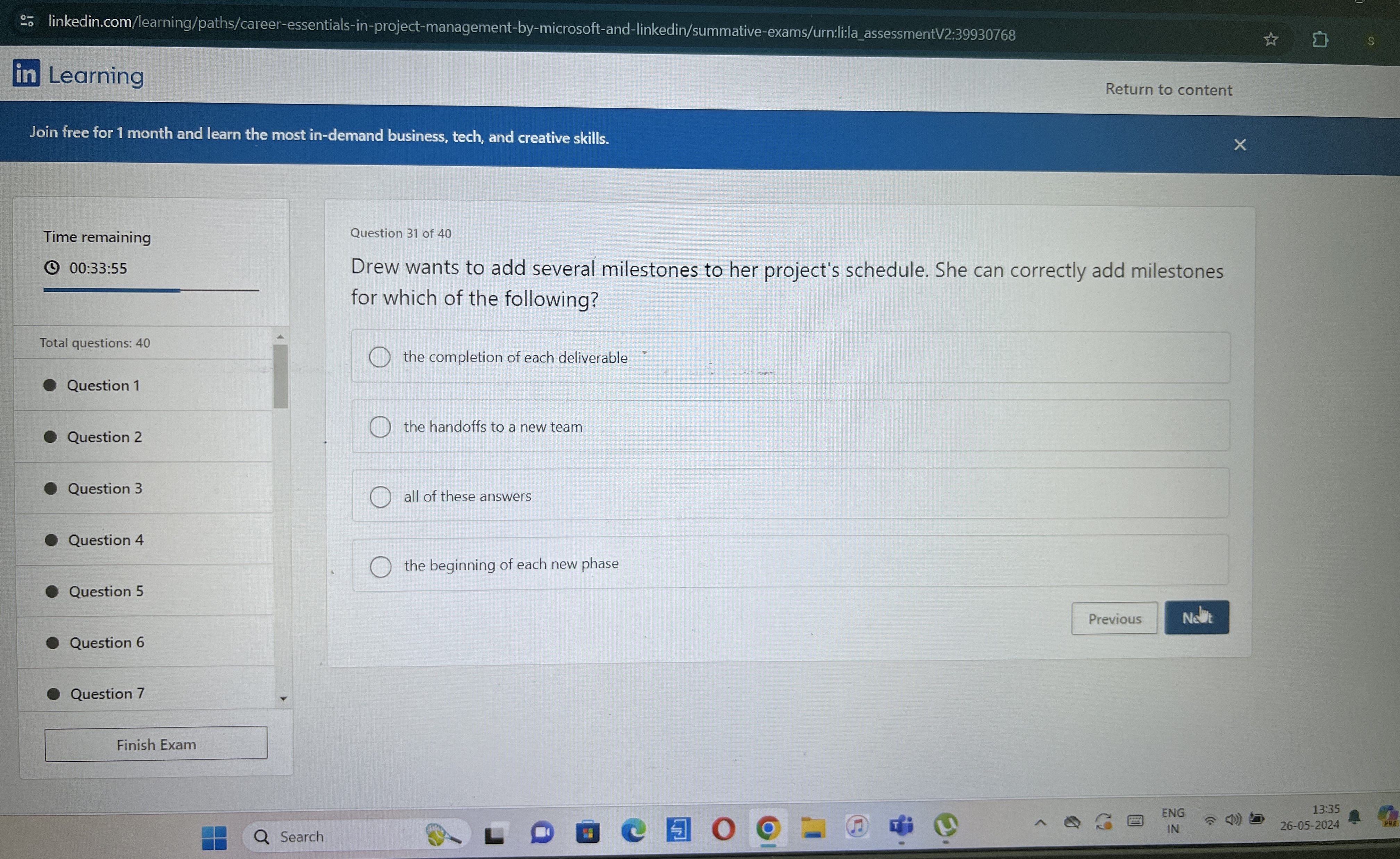  linkedin.com/learning/paths/career-essentials-in-project-management-by-microsoft-and-linkedin/summative-exams/urn:li:la_assessmentV2:39930768 in Learning Return to content Join free for 1 month
