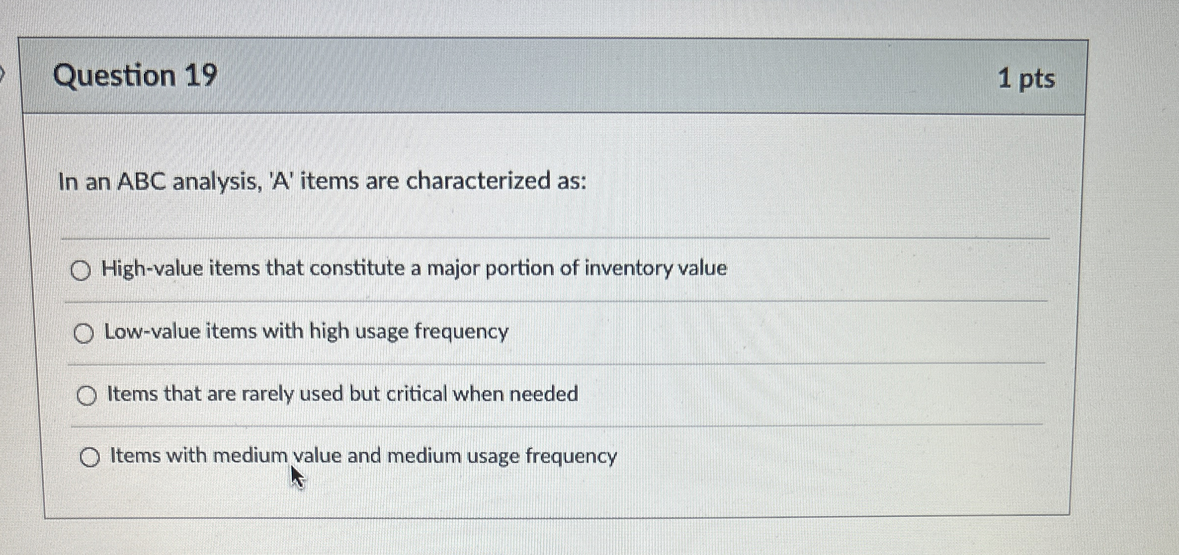  Question 19 1 pts In an ABC analysis, 'A' items are