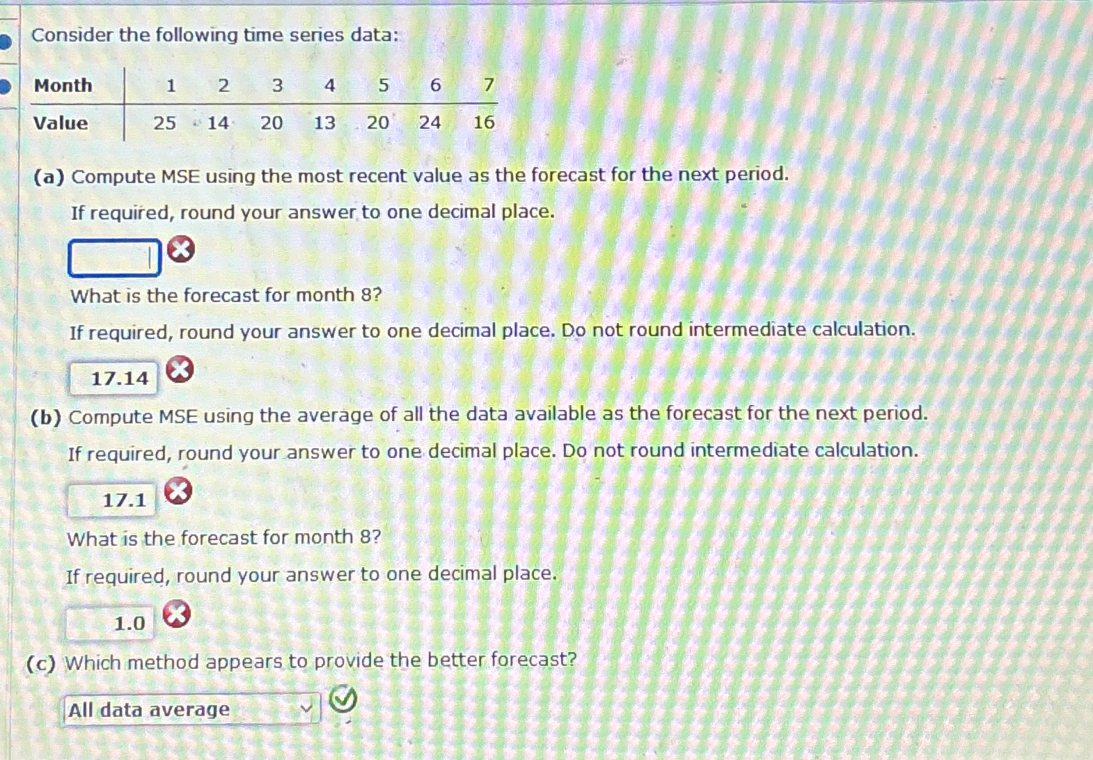  Consider the following time series data: \table[[Month,1,2,3,4,5,6,7],[Value,25,14,20,13,20,24,16]] (a) Compute MSE using