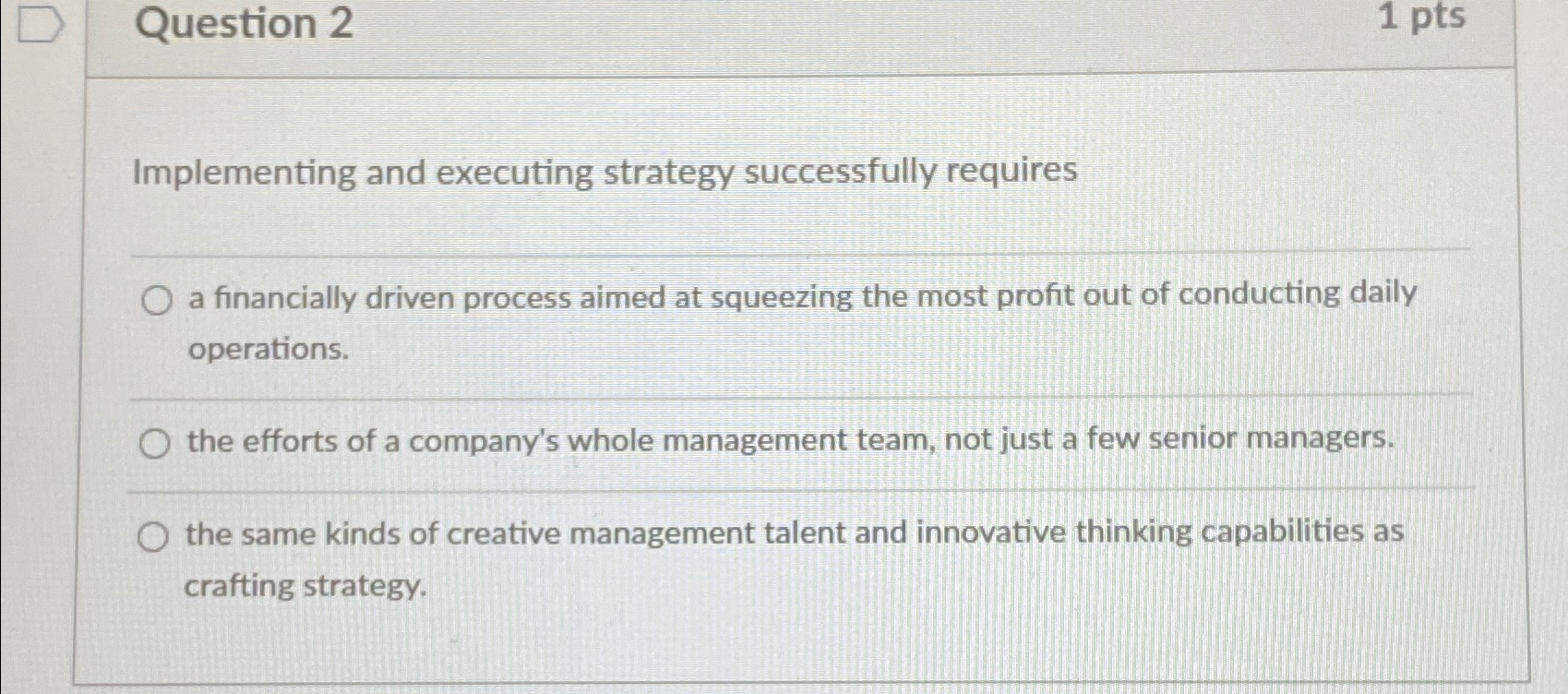  Question 2 1pts Implementing and executing strategy successfully requires a financially