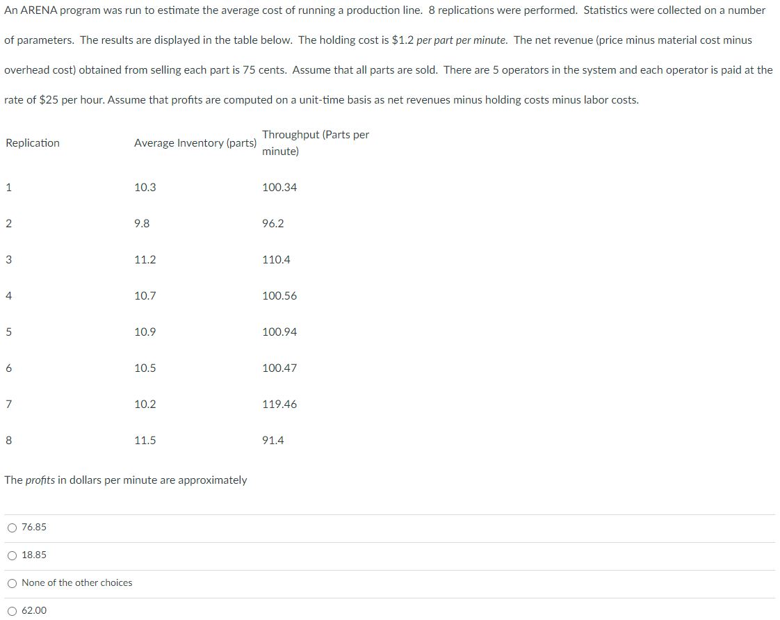  An ARENA program was run to estimate the average cost of