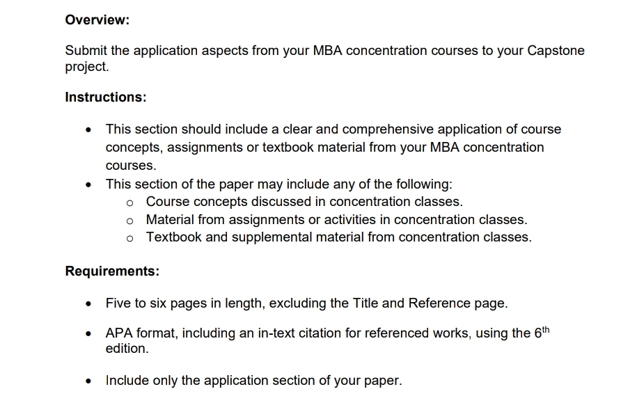  Overview: Submit the application aspects from your MBA concentration in leadership