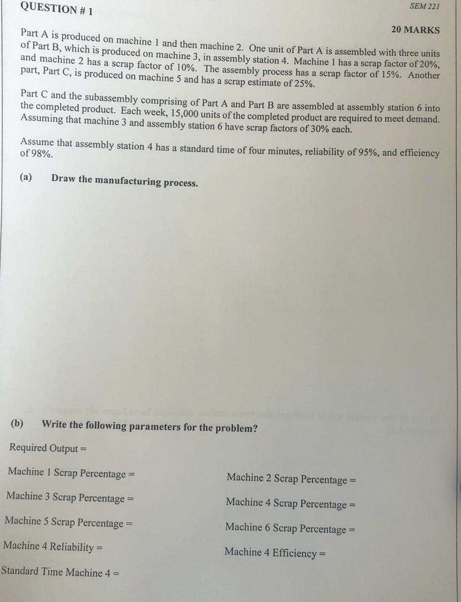  QUESTION # 1 SEM 221 Part A is produced on machine