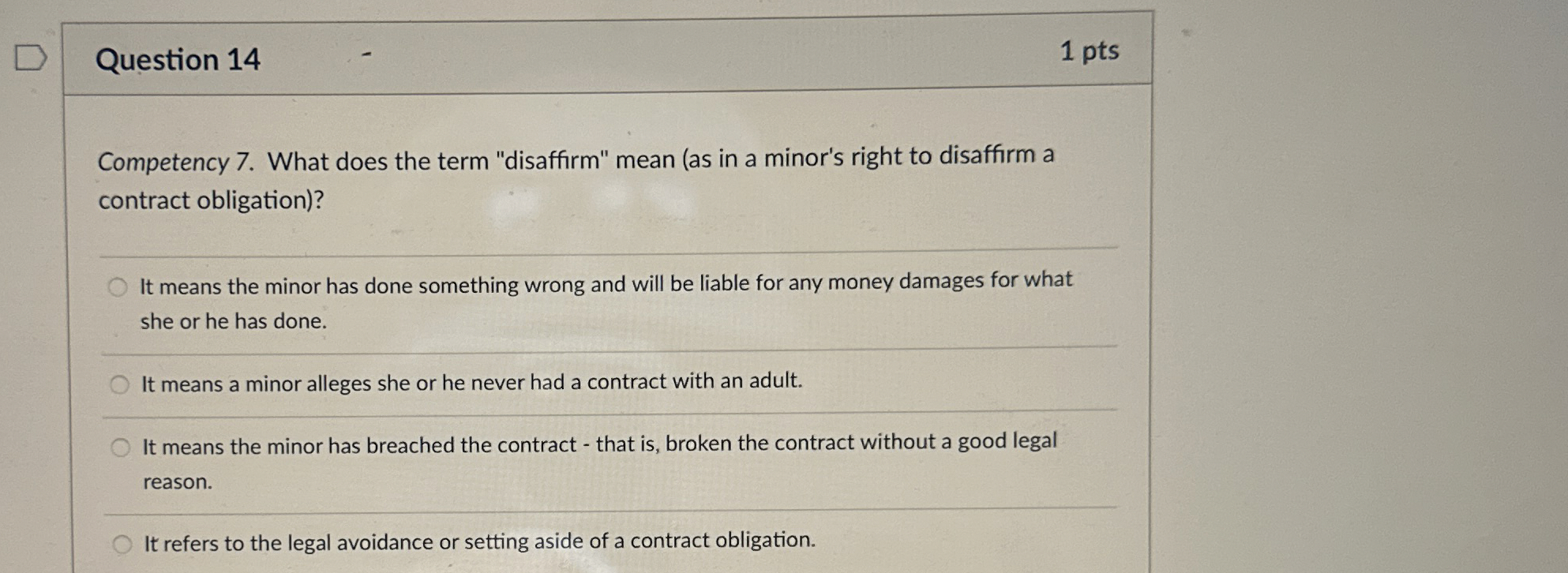  Question 14 1 pts Competency 7. What does the term "disaffirm"