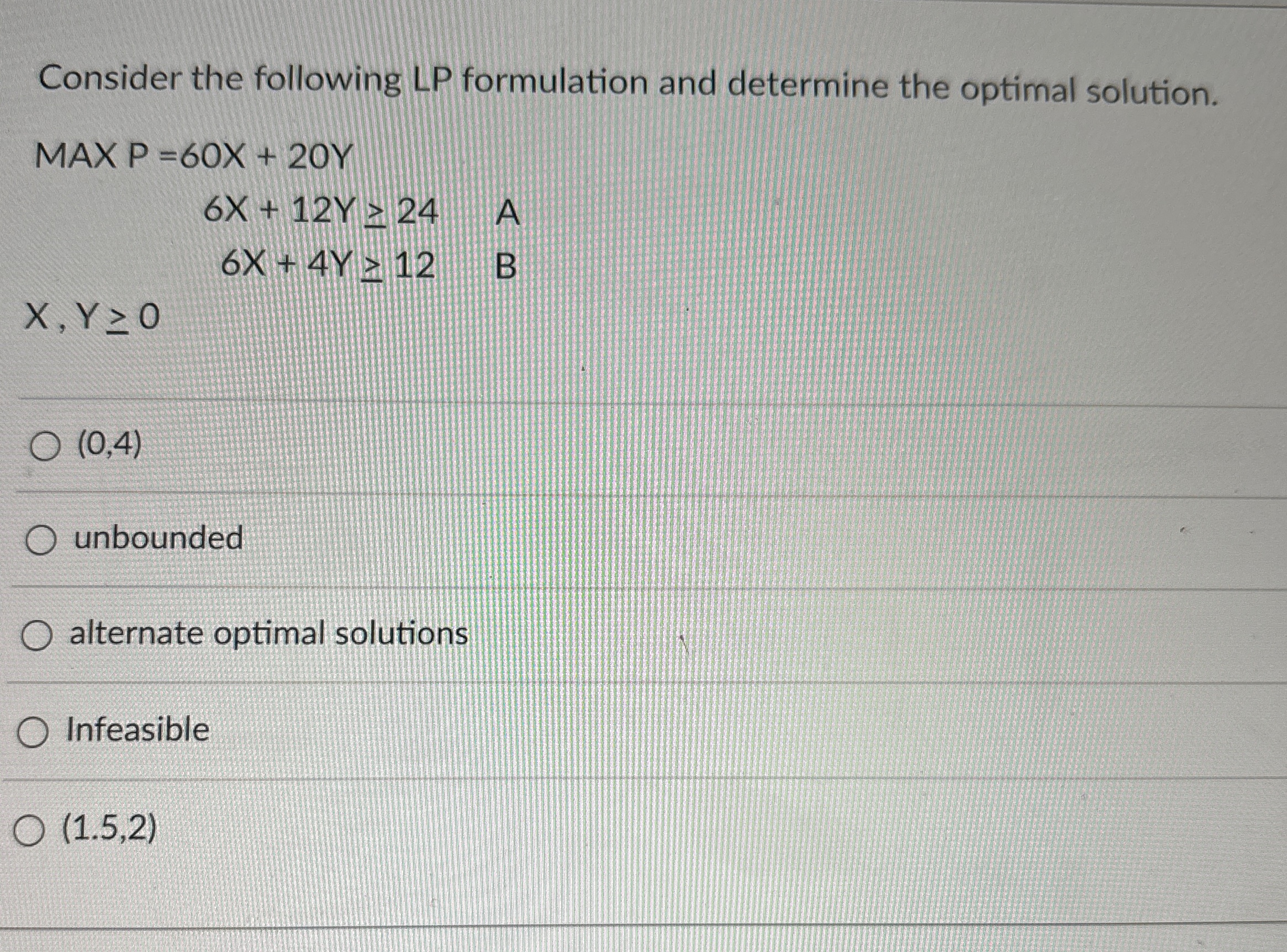  Consider the following LP formulation and determine the optimal solution. MAXP
