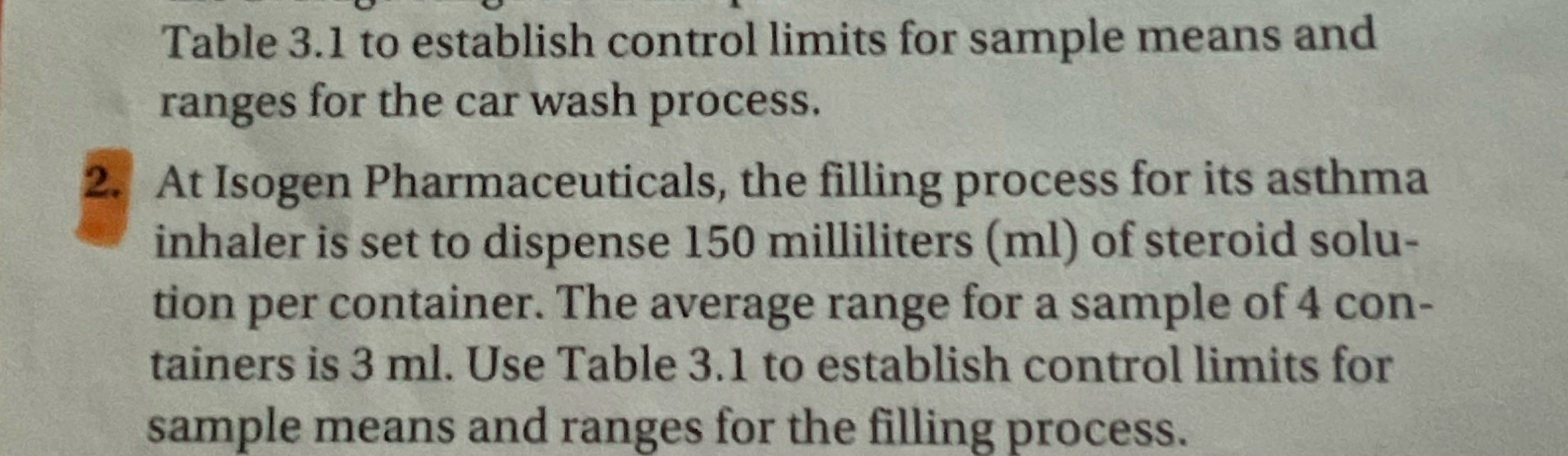  Table 3.1 to establish control limits for sample means and ranges