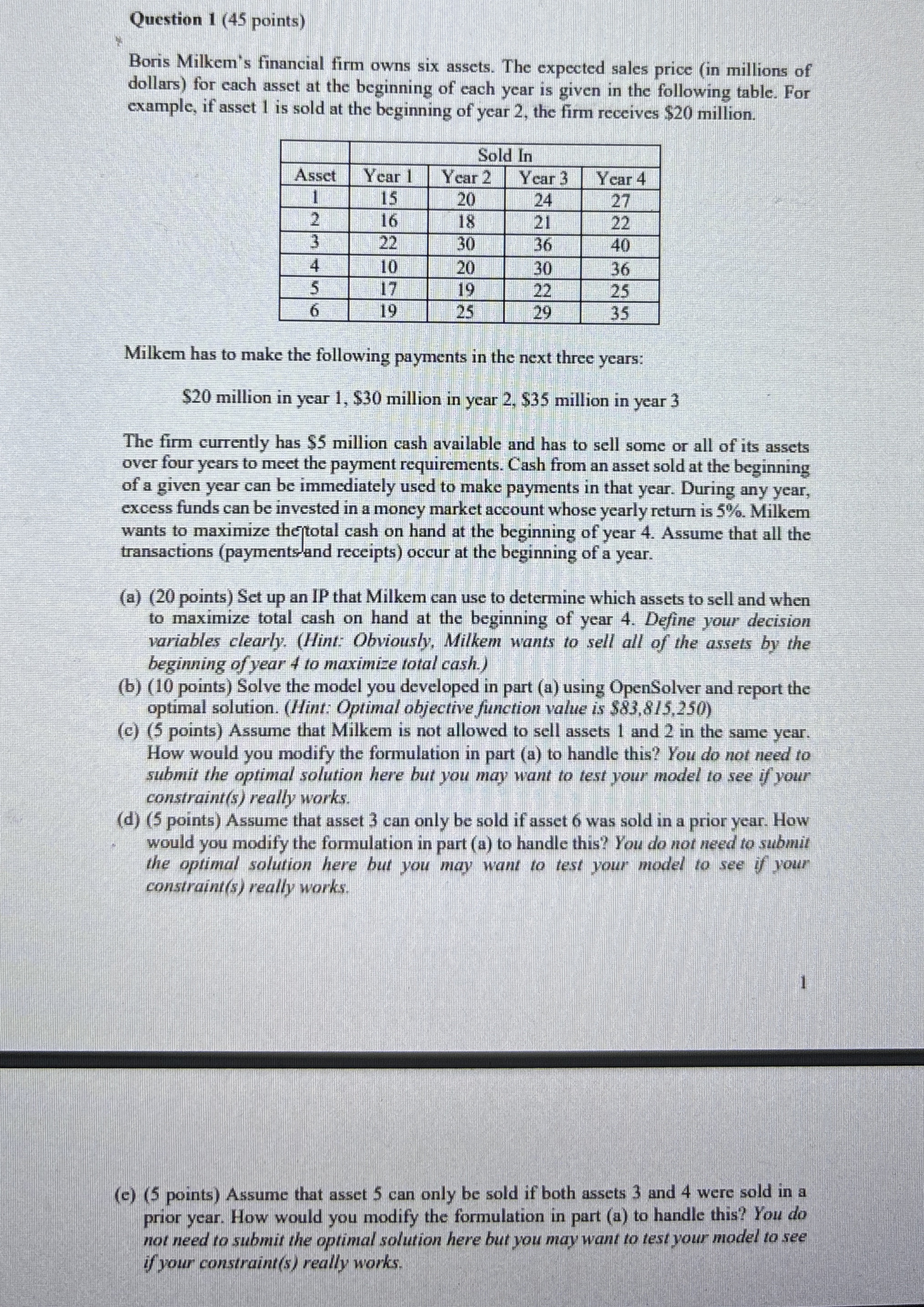  Question 1(45 points) Boris Milkem's financial firm owns six assets. The