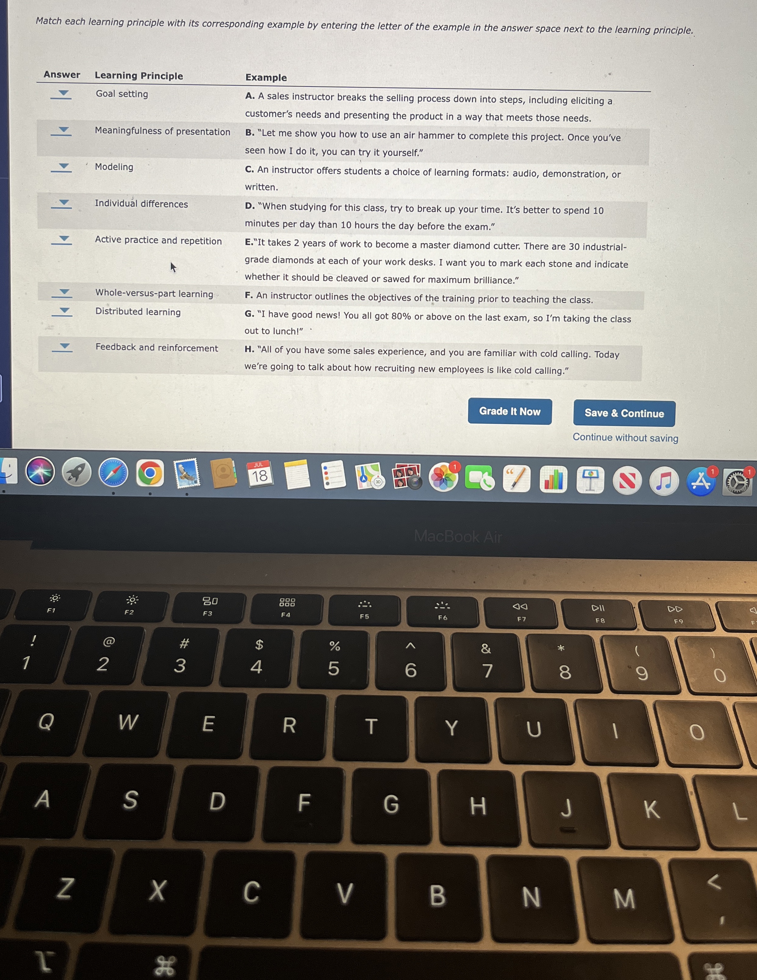  Match each learning principle with its corresponding example by entering the