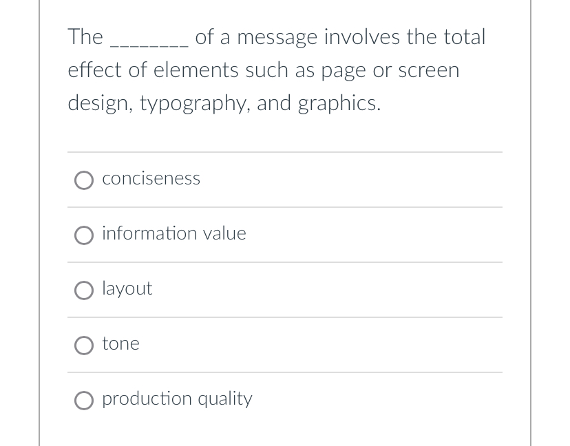  The of a message involves the total effect of elements such