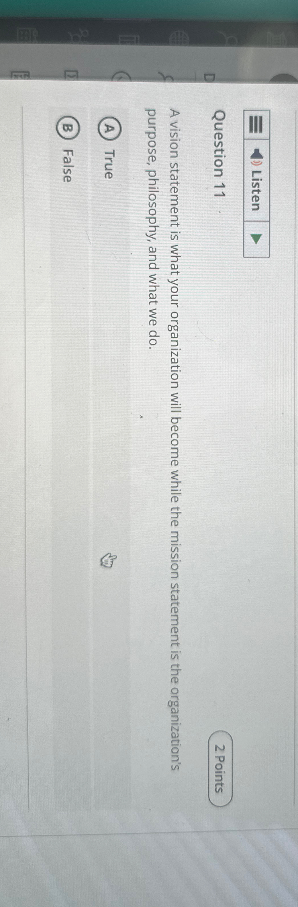  Question 11 2 Points A vision statement is what your organization